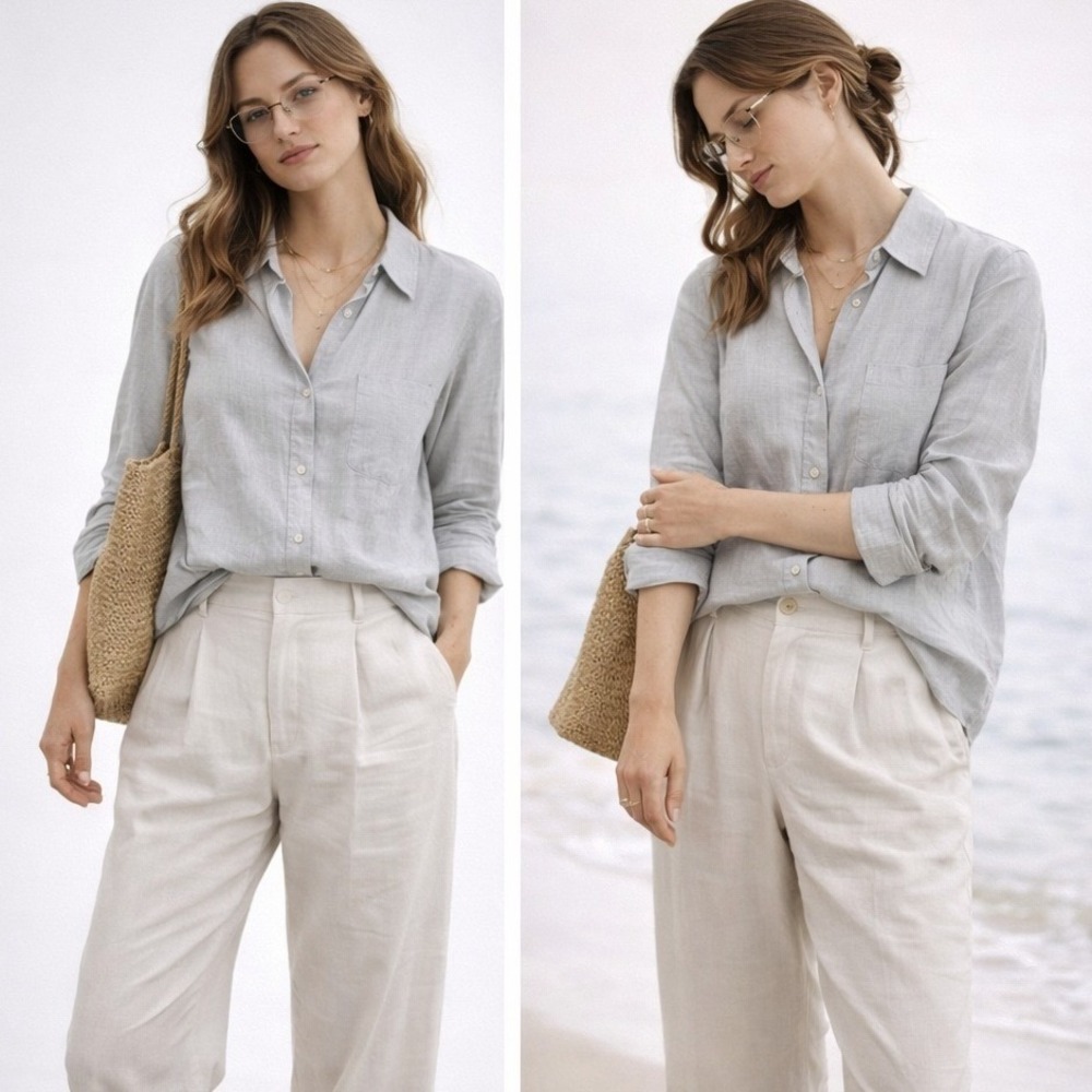 Grayson The Hero Button Down Shirt Women 05 Gray 100% Cotton Long Sleeve Classic